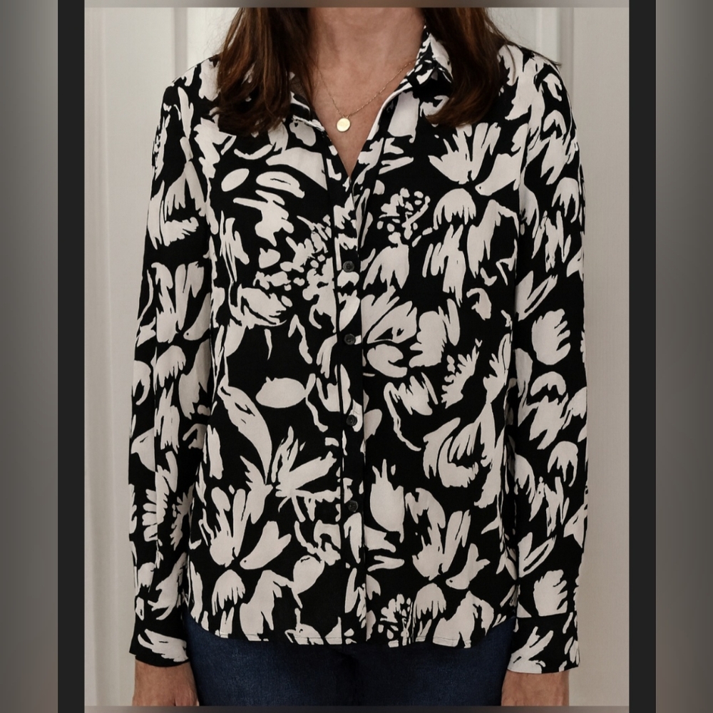 KFAB Designs Black & White Graphic Long Sleeve Button Down Blouse NWT XL